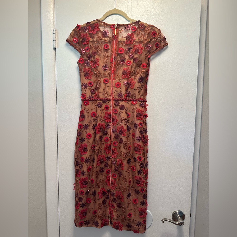 Bronx & Bronco Embroidered Floral Sheath Dress - Red on Nude size small - Picture 2 of 8